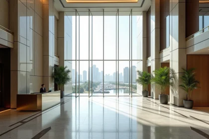 Hall d'entrée moderne d'un immeuble de bureaux à Almas Tower JLT Dubai avec marbre poli et murs vitrés donnant sur la marina