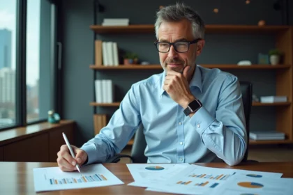 Homme d'affaires étudiant un rapport financier dans un bureau