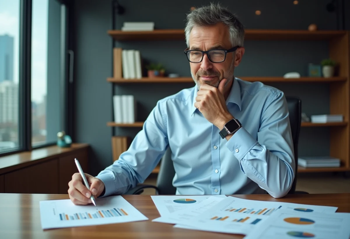 Homme d'affaires étudiant un rapport financier dans un bureau