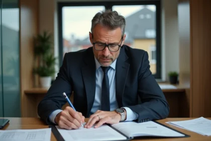 Homme d'affaires en costume lisant des documents juridiques