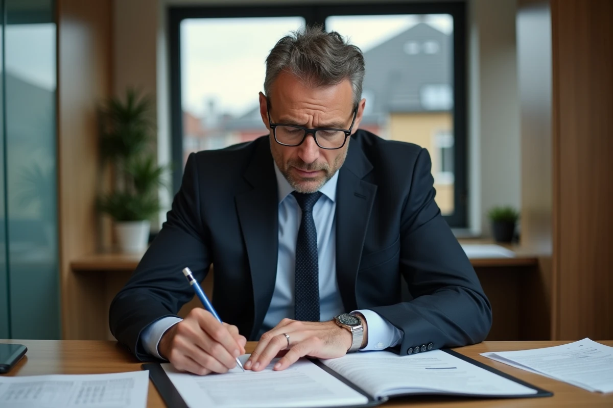 Homme d'affaires en costume lisant des documents juridiques