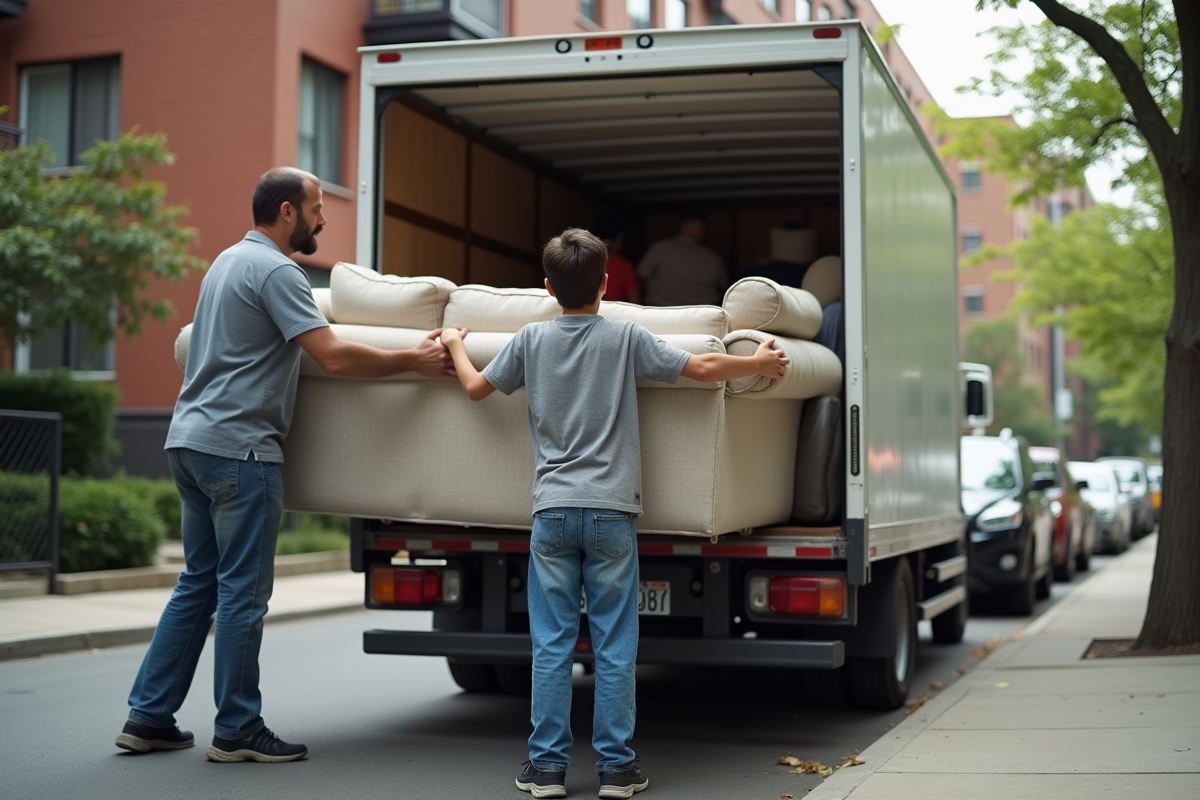 Père et fils soulevant un canapé dans la rue