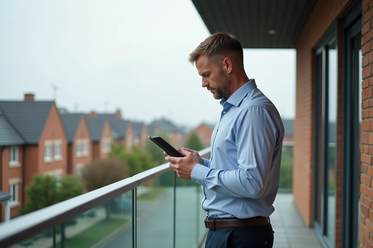 Homme sur un balcon regardant un quartier résidentiel avec une tablette