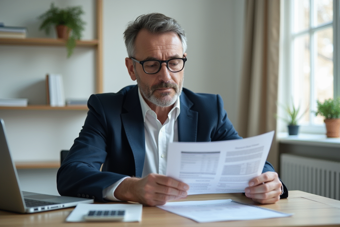 Homme d'âge moyen en blazer étude de feuille de calcul
