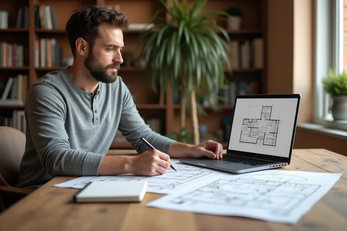 Homme utilisant une calculatrice de mètres carrés sur ordinateur pour planifier l'aménagement intérieur de sa maison