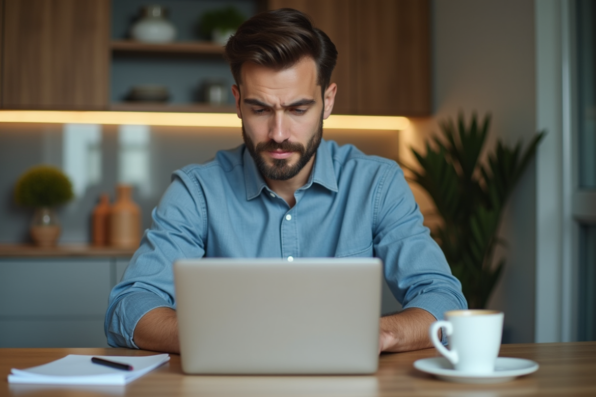 Homme concentré sur un calcul de pret en cuisine moderne