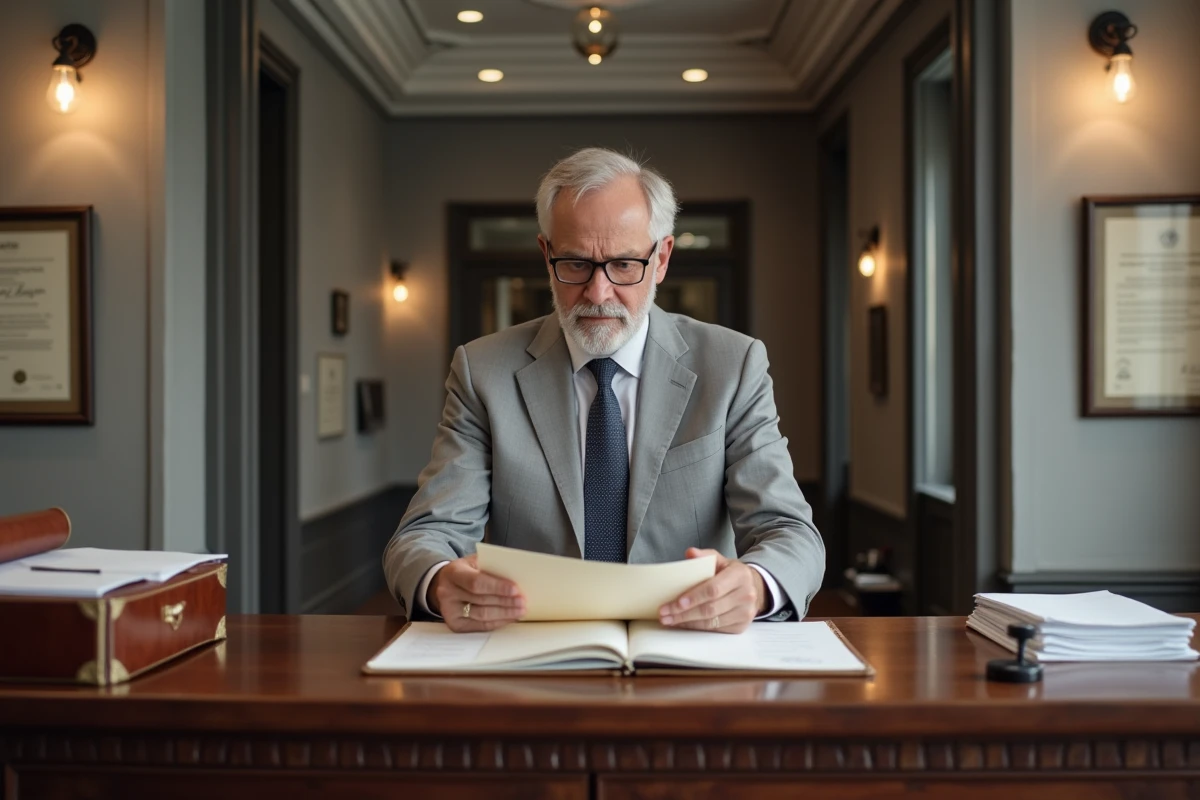 Homme consultant des documents manquants avant envoi à un notaire dans une étude notariale