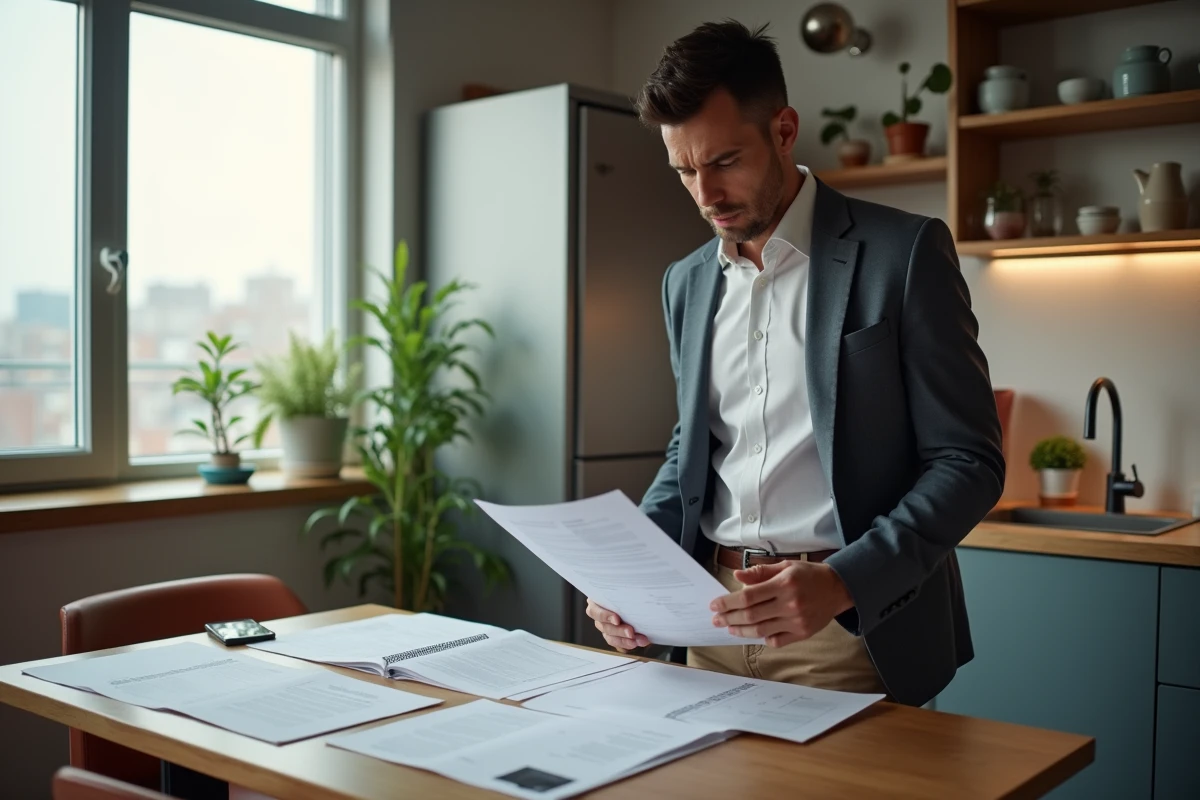 Homme vérifiant des contrats dans un appartement