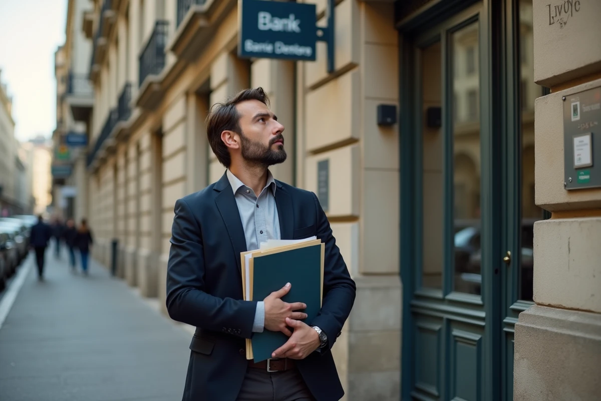 Homme devant une agence bancaire française avec son dossier de demande de crédit immobilier