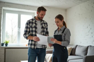 Hommes et femme en rénovation intérieure avec documents