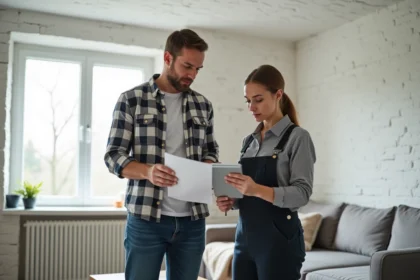 Hommes et femme en rénovation intérieure avec documents