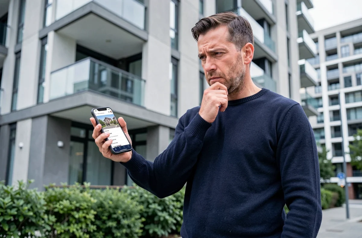 Homme devant un immeuble en copropriété consultant un annuaire immobilier numérique sur smartphone