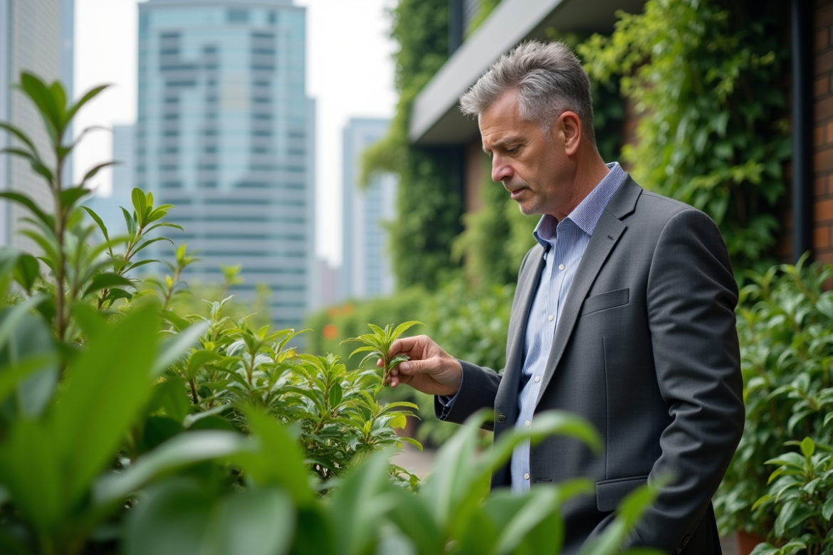 Homme d'âge moyen dans un jardin urbain sur un toit