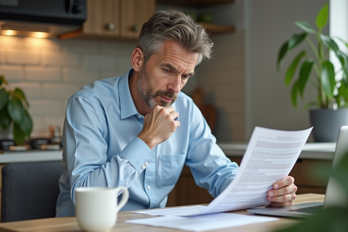 Homme d âge moyen examine un contrat de prêt à la maison