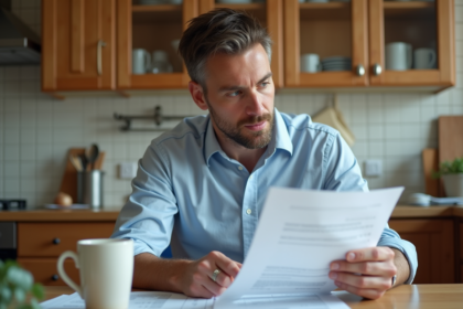 Homme d'âge moyen étudiant documents fiscaux dans une cuisine lumineuse