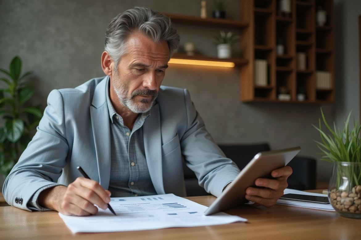 Homme d'âge moyen examine documents immobiliers dans un appartement