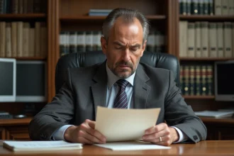 Homme sérieux examinant un document légal dans un bureau