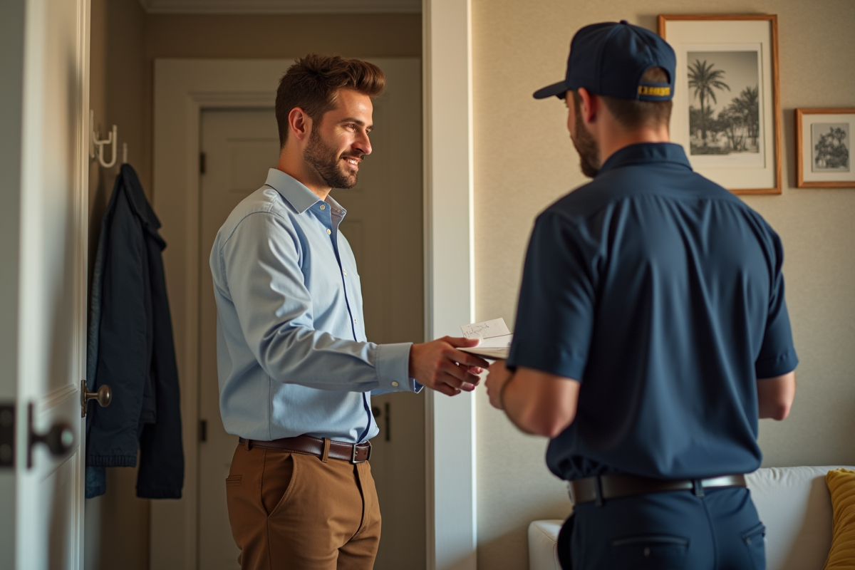 Jeune homme remet un courrier signé à un facteur dans le couloir