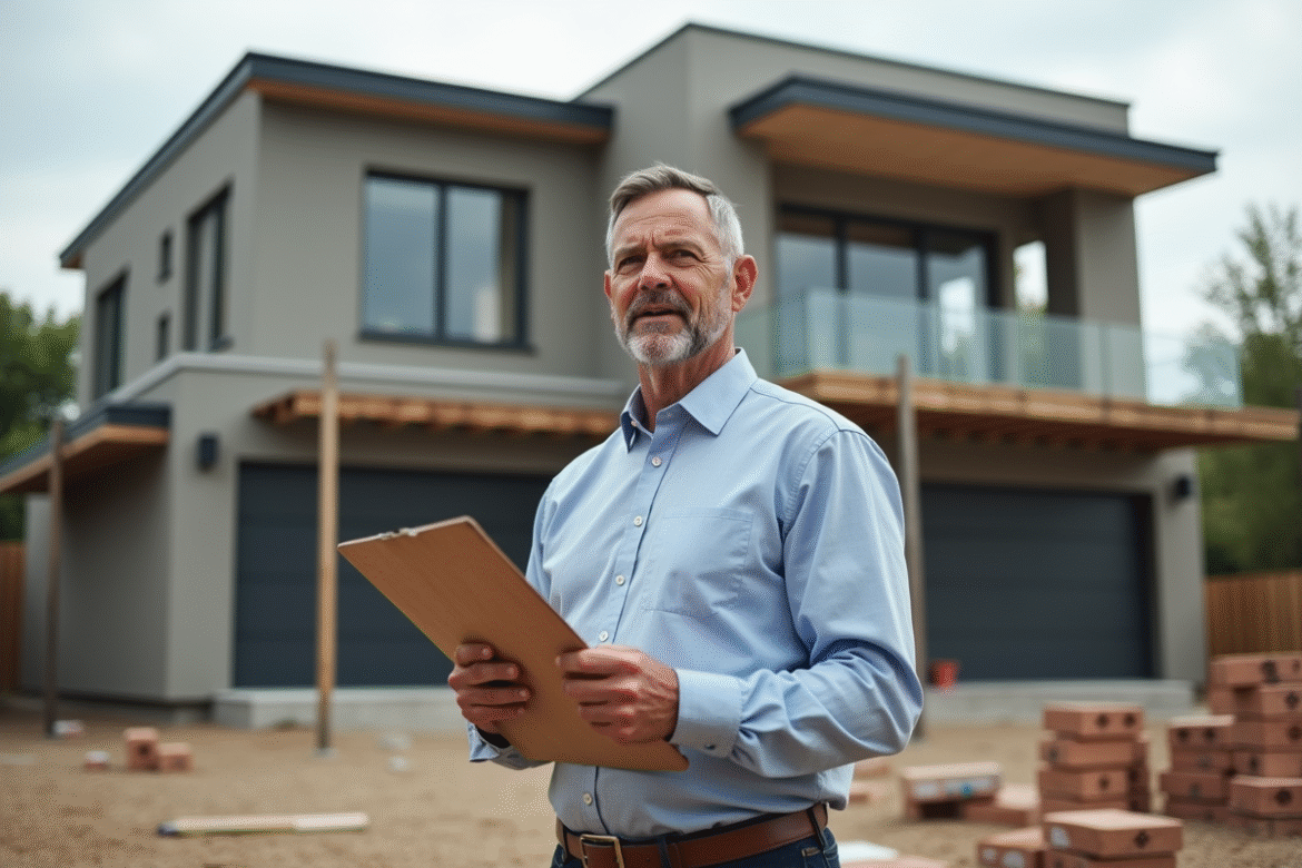 Hommes en vêtements décontractés devant une maison en rénovation
