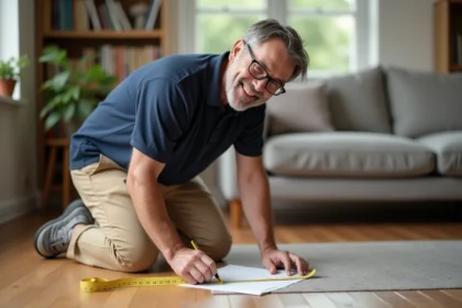 Homme mesurant des dimensions sur le sol avec un mètre