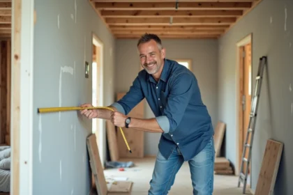 Homme mesurant un mur dans un salon en rénovation