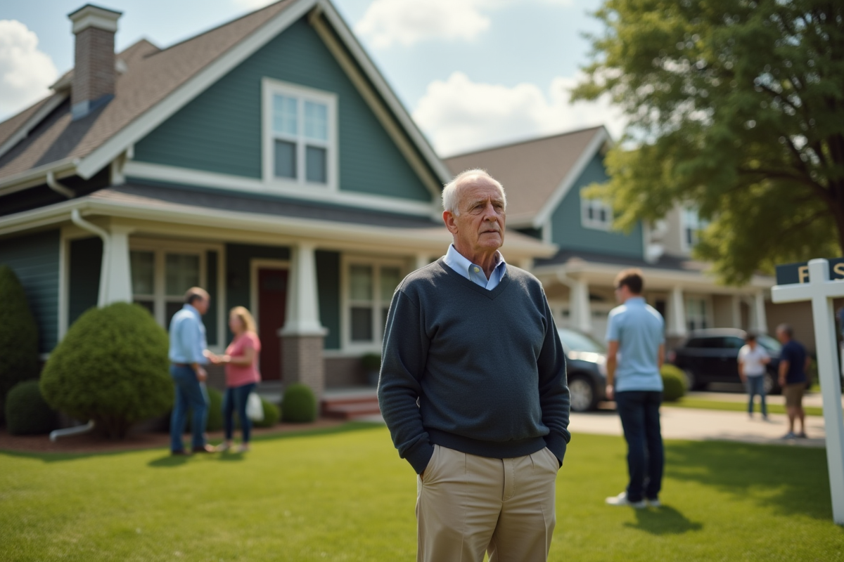 Homme âgé observant une vente aux enchères immobilière en extérieur