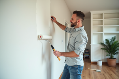 Homme d'âge moyen peignant un mur blanc dans un salon rénové