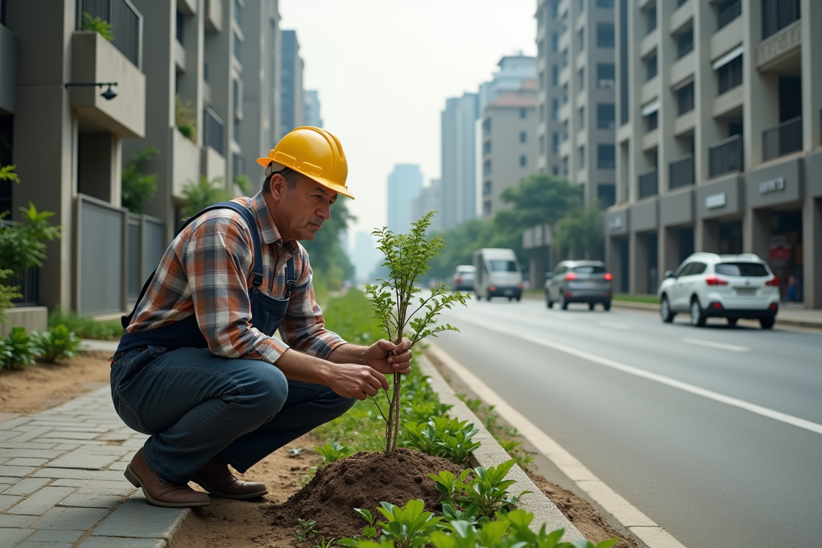 Homme en tenue de travail plantant un jeune arbre en ville
