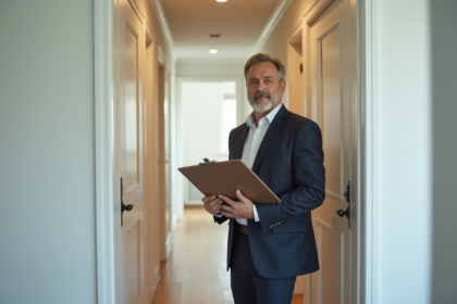 Homme d'âge moyen devant une porte d'appartement moderne