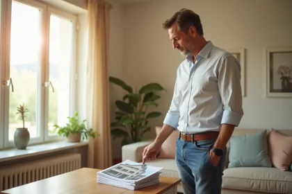 Homme d'âge moyen dans un salon lumineux regardant des brochures immobilières