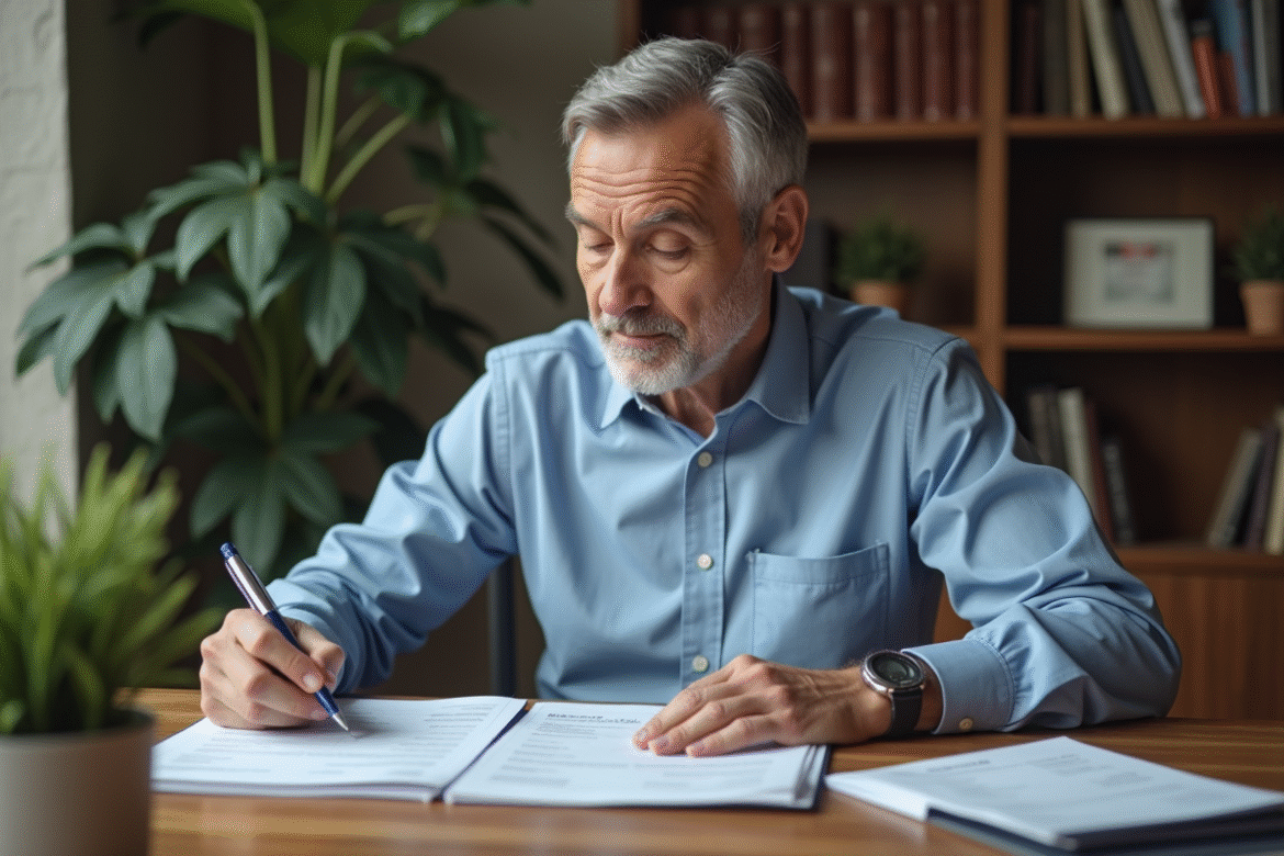 Homme d'âge moyen étudiant ses documents de location
