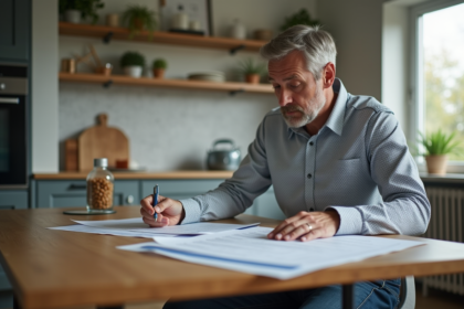 Homme d'âge moyen examine documents d'impôts à la maison