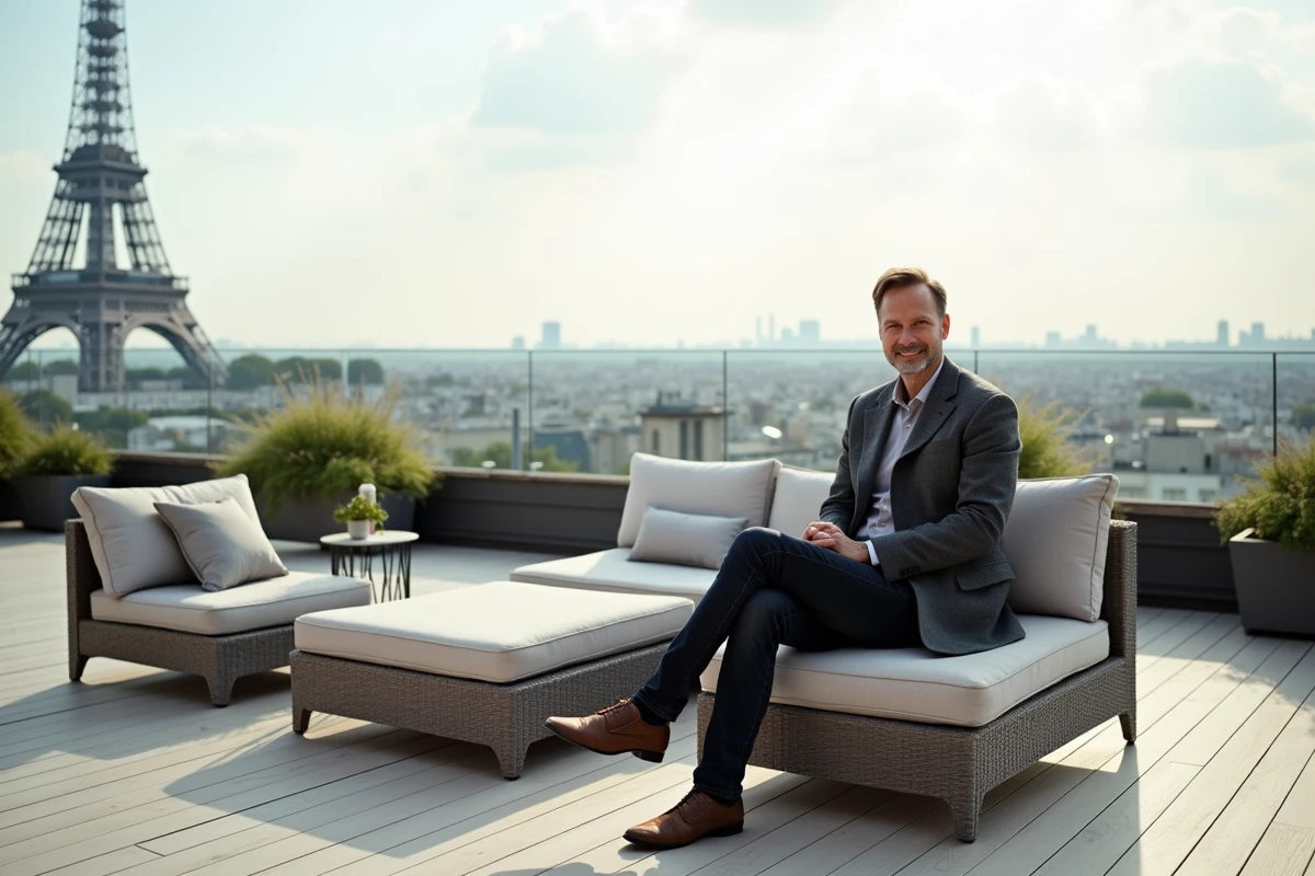 Homme assis sur terrasse avec vue panoramique sur Paris