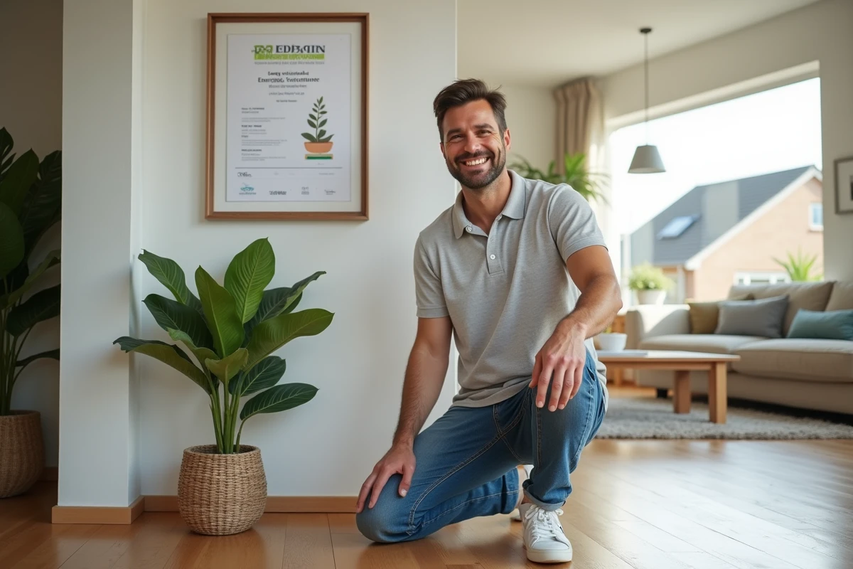 Homme souriant avec certificat d energie dans un salon moderne