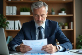 Homme d'âge moyen en costume bleu examine des documents immobiliers