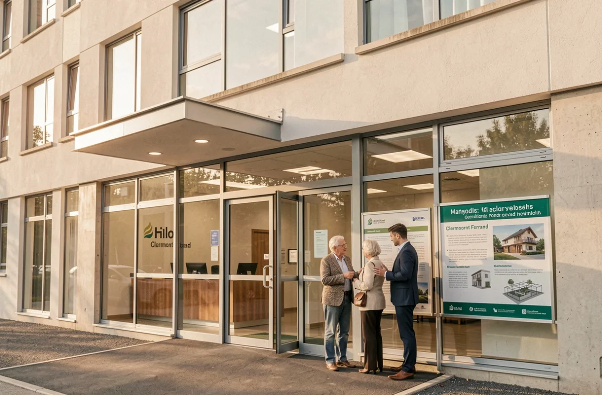 Résidence de services Icade Immobilier neuf à Clermont-Ferrand avec résidents devant l'entrée vitrée de l'immeuble
