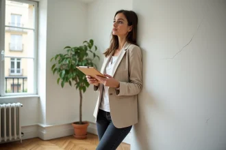 Femme inspectant les fissures d'un mur lors de la visite d'un appartement T2 avant achat