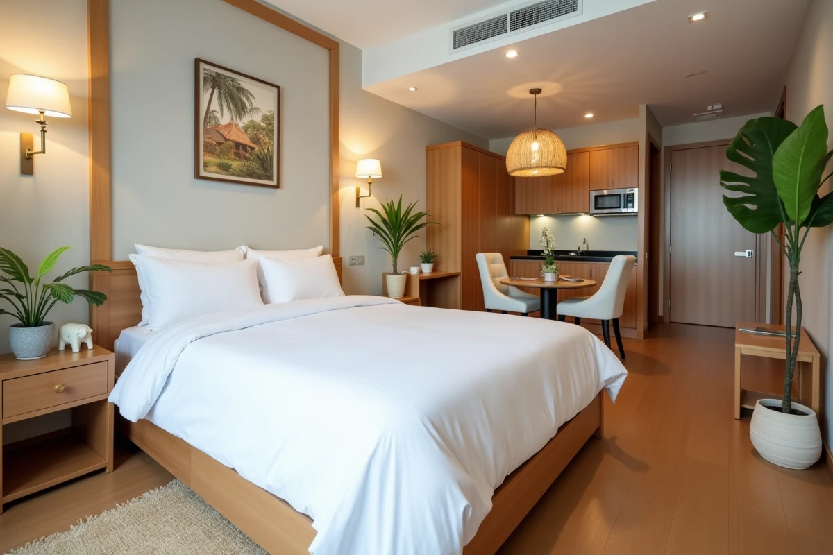 Intérieur soigné d'un condo en location saisonnière à Chiang Mai avec décoration thaïlandaise moderne, linge blanc immaculé et cuisine ouverte prête à accueillir des voyageurs