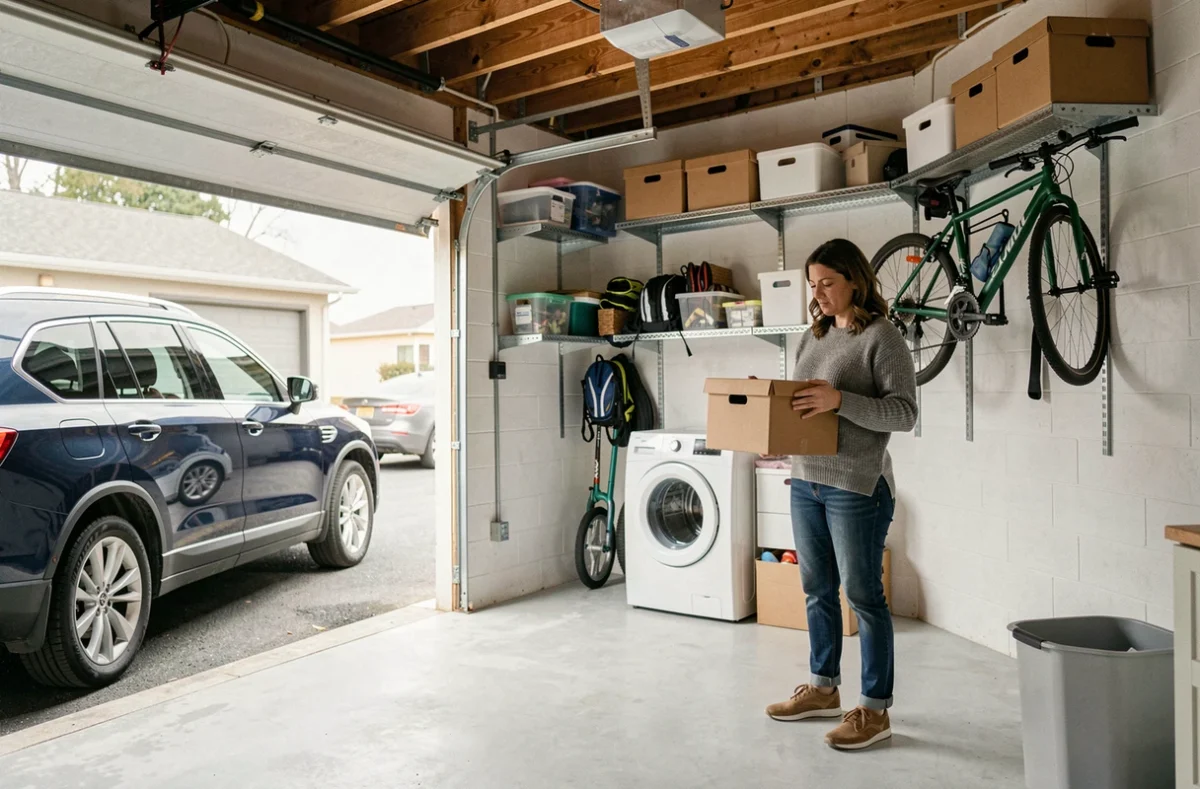 Intérieur d'un garage de maison mitoyenne aménagé en espace de rangement familial