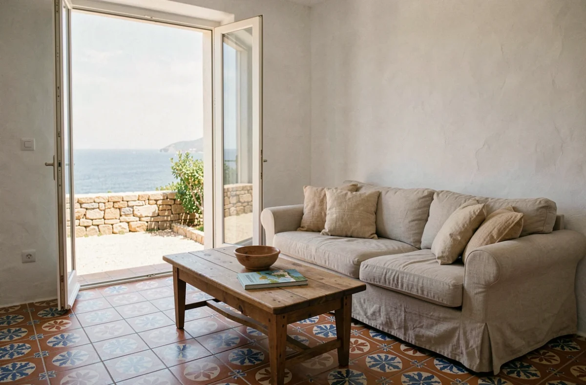 Intérieur d'une petite maison de location avec jardin et vue mer dans les Pyrénées-Orientales 66