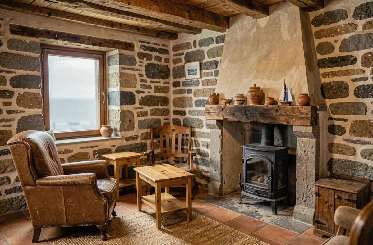 Intérieur authentique d'une maison de pêcheur normande avec cheminée en fonte et poutres apparentes
