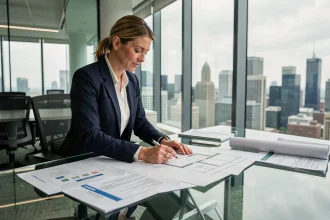 Professionnelle de l'immobilier analysant des documents RSE et des plans architecturaux dans un bureau moderne en 2026