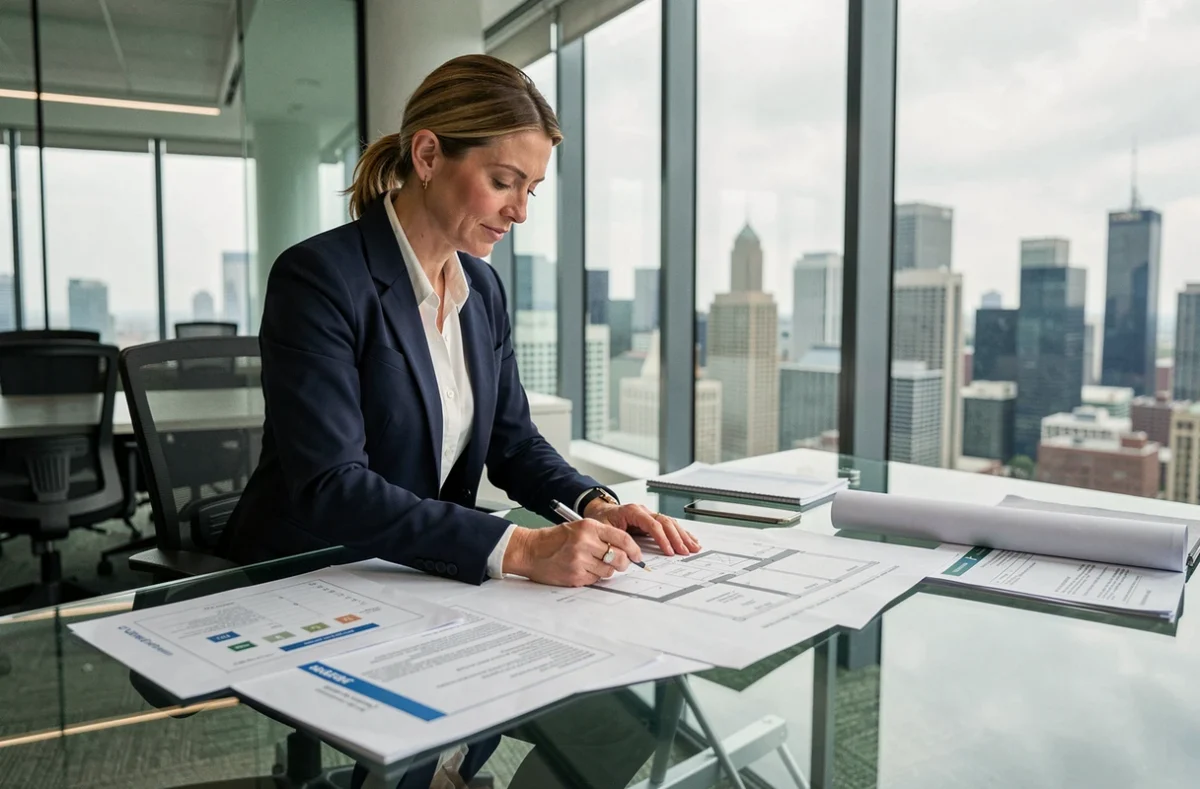Professionnelle de l'immobilier analysant des documents RSE et des plans architecturaux dans un bureau moderne en 2026