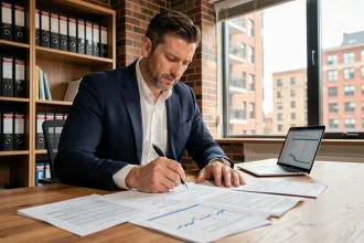 Investisseur immobilier analysant des documents de rendement locatif et l'IDR immobilier sur son bureau
