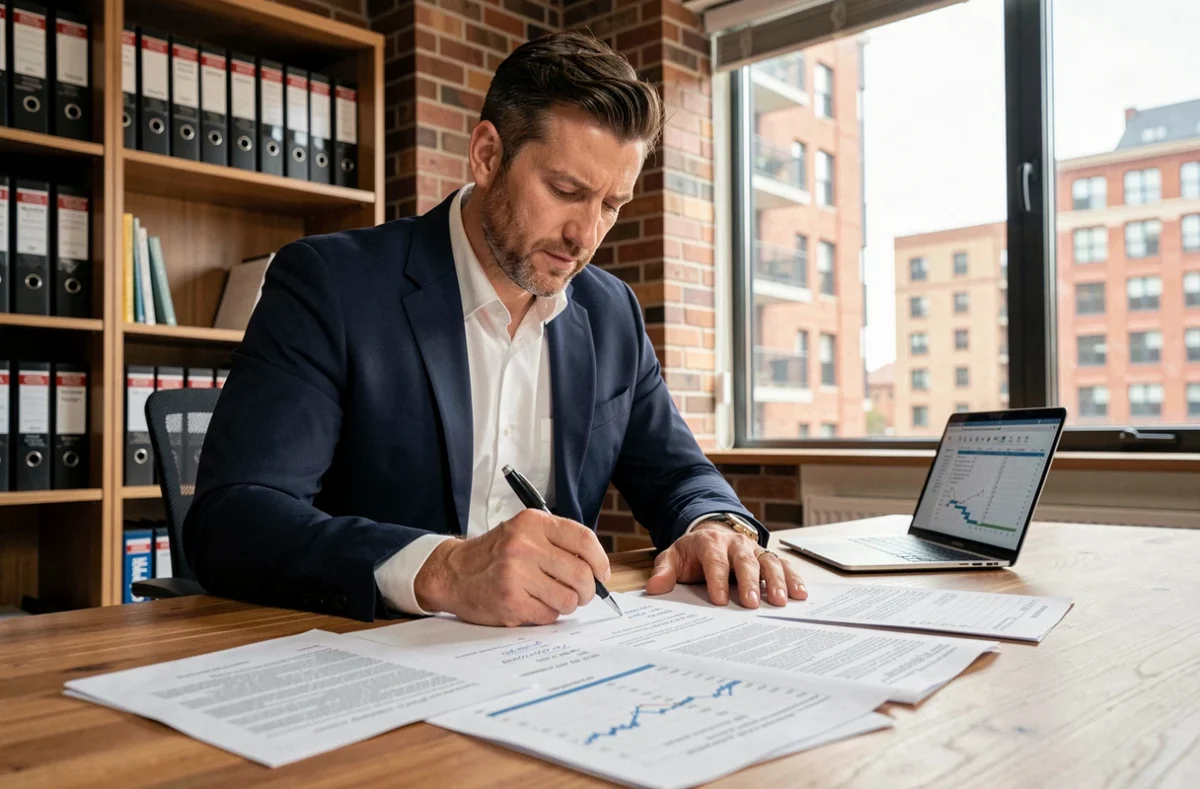 Investisseur immobilier analysant des documents de rendement locatif et l'IDR immobilier sur son bureau
