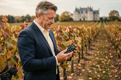 Investisseur inspectant des grappes de raisin dans un domaine viticole à vendre à Bordeaux en automne