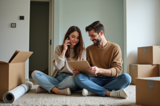 Jeune couple assis sur le sol en déménagement