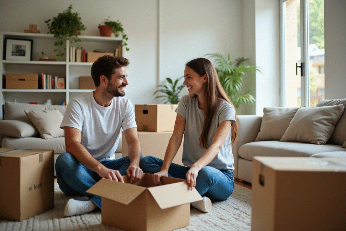 Jeune couple souriant en déménagement dans un salon lumineux
