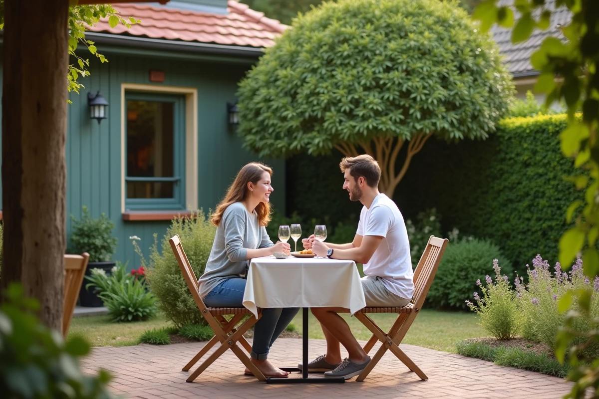 Jeune couple assis à une table extérieure dans un jardin