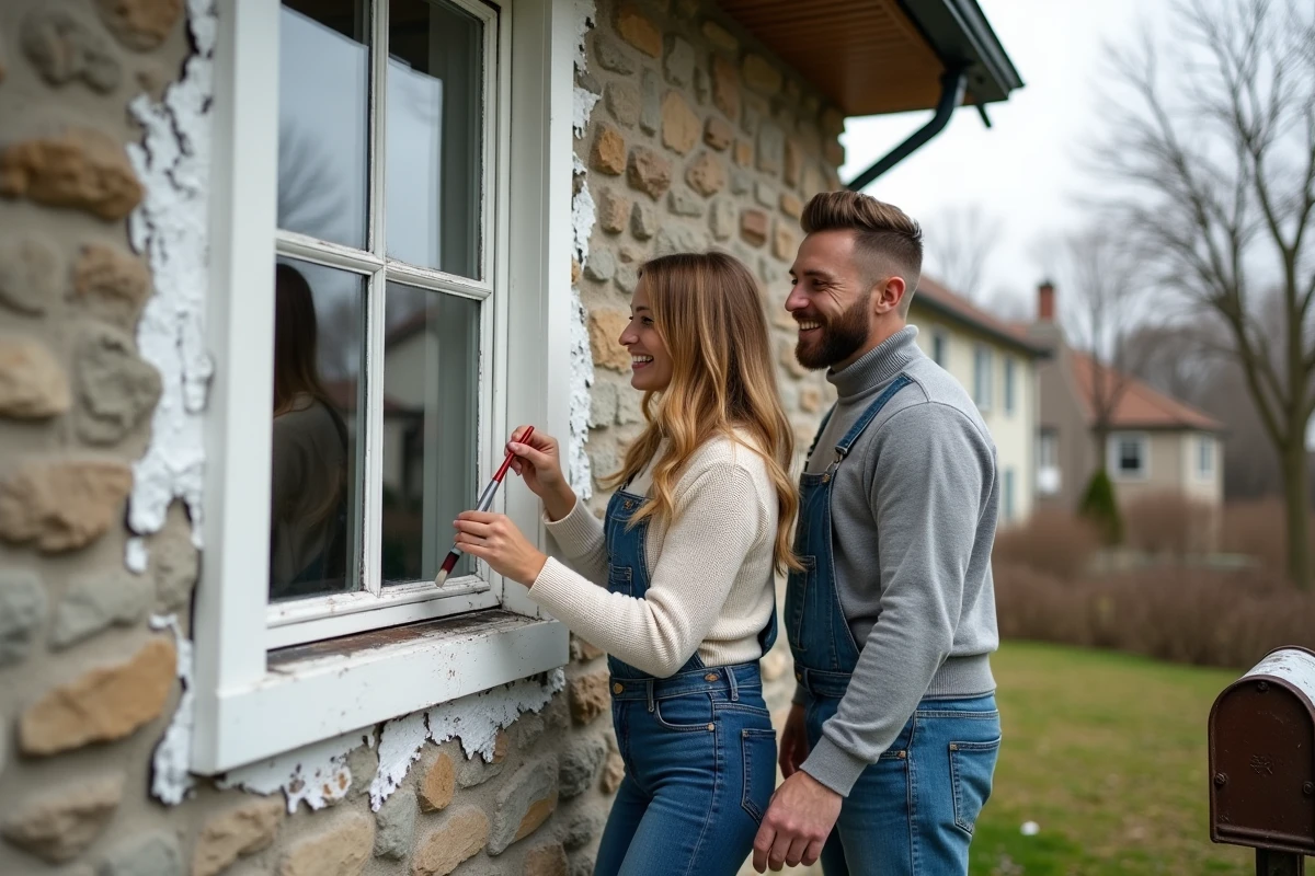 Jeune couple peint une fenêtre dans une maison en rénovation